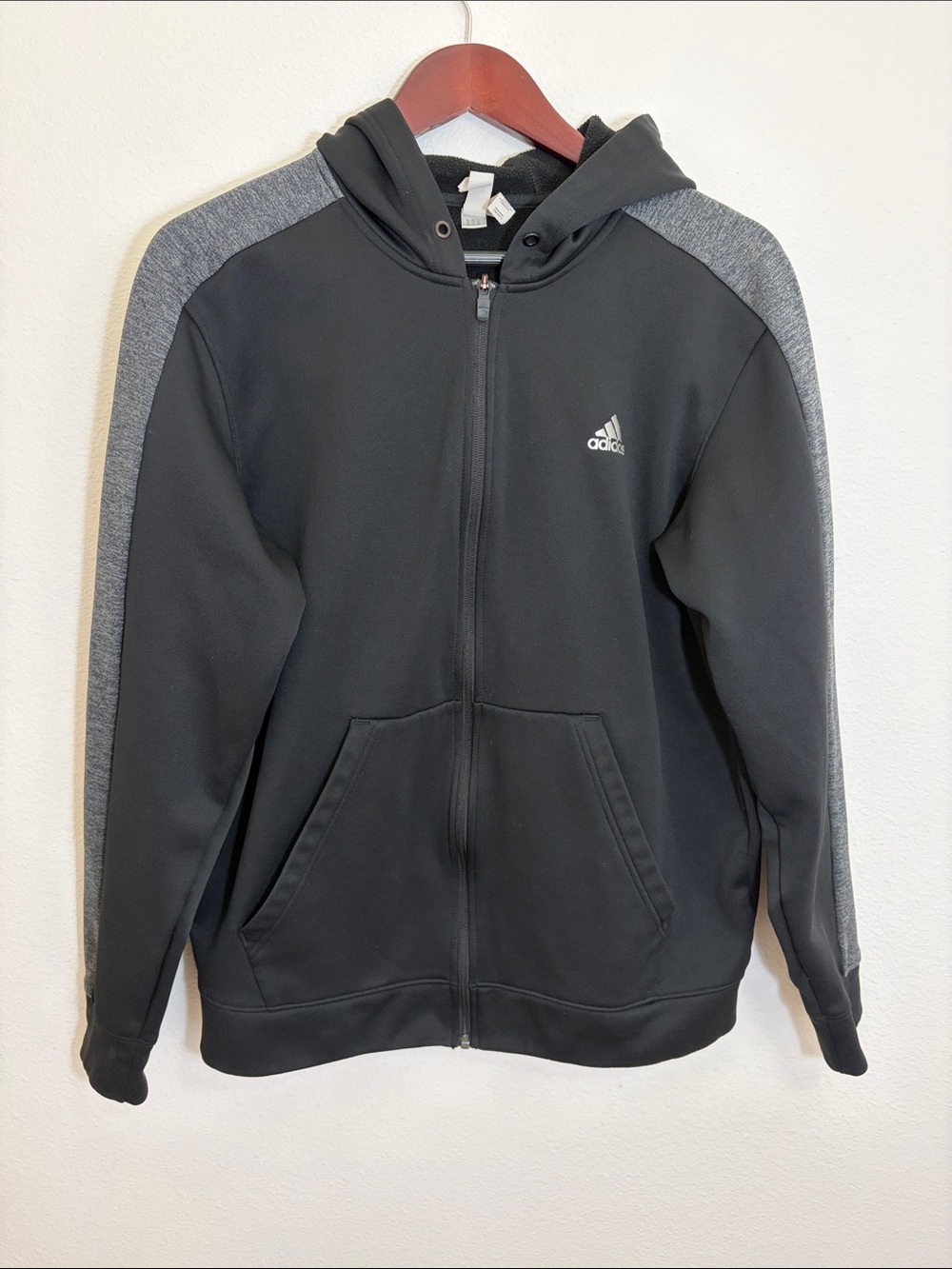 Adidas Black Zip Up Hoodie with Gray Shoulder Stripes